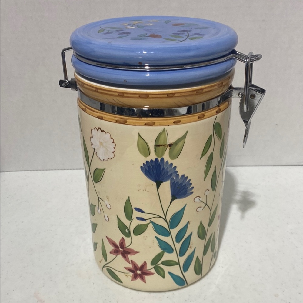 Floral Ceramic Food Storage Jar with Blue Lid